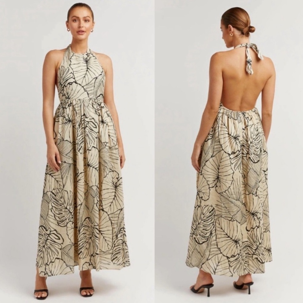 Dissh Malta Black Palm Print Linen Halter Maxi Dress